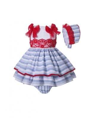(Only Size 12-18M) 3 Pieces Babies Summer Lace Preppy Style Dress With Bows + Cute Bloomers + Hat