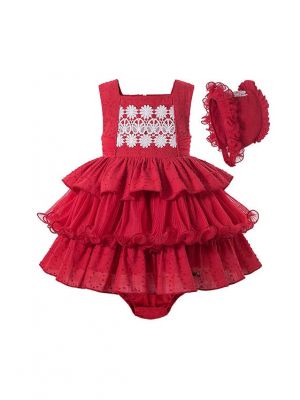 3 Pieces Babies Boutique Embroidery Red Ruffled Layers Dresss + Cute Bloomers + Hat