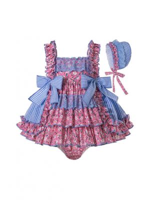 3 Pieces Babies Princess Flowers Print Sweet Plaid Bows Layer Outfit + Cute Bloomers + Hat