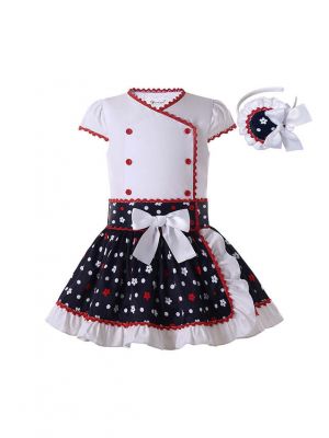 White V-neck Shirt with Lace trim and Black Flower Pattern Skirt College style + Headband