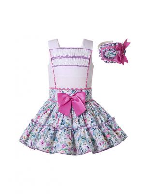 (Only 3Y 4Y) Summer Sweet Girls Ruffle Layers Dress Floral Pattern with purple trim + Headband