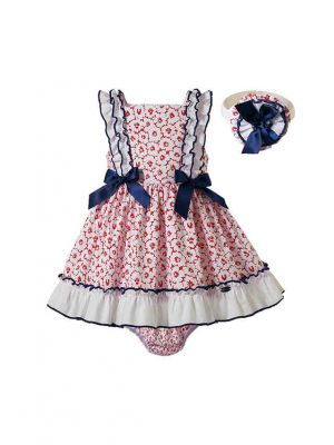 3 Pieces Babies Sweet  Princess Ruffles With Cute Bows Outfit + Pink Floral Print Bloomers + Hand Headband