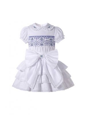 Girls Summer 2-Piece Short Sleeve T-shirt + Big Bow White Three-Layer Skirt