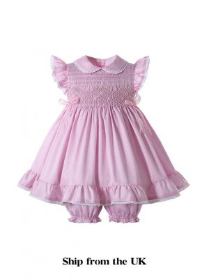 (UK Only) Cute Baby Girl's Pink Smocked Dress + Shorts