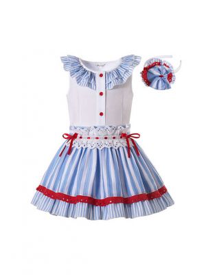 2 Pieces Girls Summer Striped Ruffle Dress + Handmade Headband