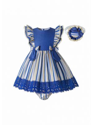 Baby Girls Blue & Cream Striped Dress + Handmade Headband