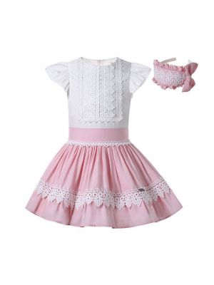 Sweet 3-Piece Lace Clothes Set White Shirt + Pink Skirt + Headband