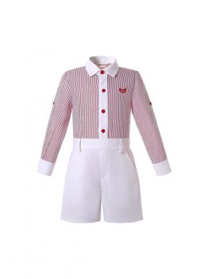 2-Piece Boys Long Sleeve Red Striped Shirt + White Shorts