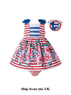 (UK ONLY)Red White Striped Baby Summer Dress + Handmade Headband