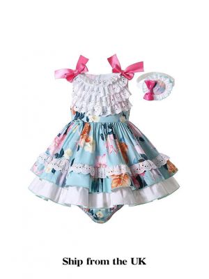 (UK ONLY)Baby Light Blue Lace Floral Dress + Handmade Headband