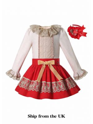 (UK Only) Double-layered Collar Cream Top + Red Skirt Girls Clothes Set with Handmade Headband