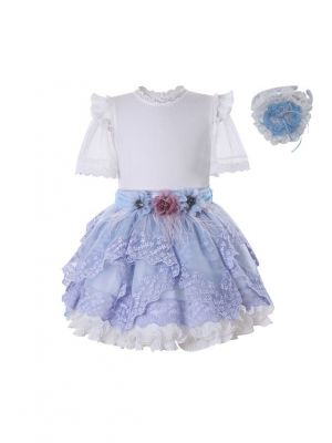 White Ruffle Top + Blue Lace Skirt