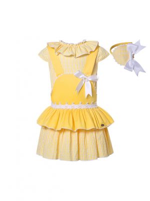(PRE-ORDER)2 Pieces Yellow Clothing Set Short Sleeves Tops + Double Layer Suspender Shorts