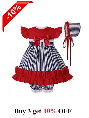 Black White Vertical Stripes Red Baby Ruffle Dress + Shorts + Hat
