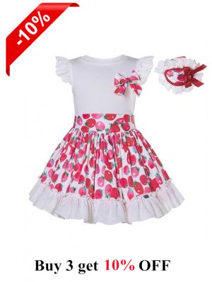 Little Girls White Shirt Ruffle Printed Skirt + Handmade Headband