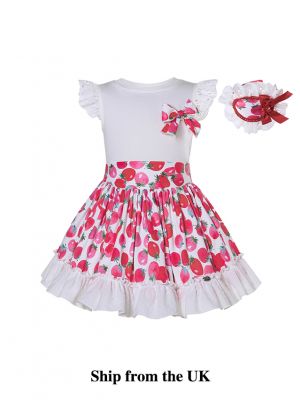 (UK ONLY)Little Girls White Shirt Ruffle Printed Skirt + Handmade Headband