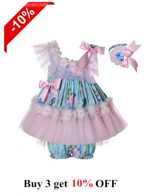 Pink & Blue Chiffon Ruffle Girls Dress + Handmade Headband + Shorts