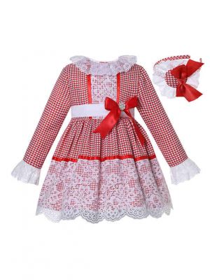 Red Plaid White Lace Baby Girls Christmas Dress for 2022 Fall Winter + Handmade Headband