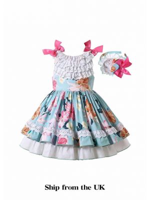 (UK ONLY)Light Blue Lace Floral Dress + Handmade Headband