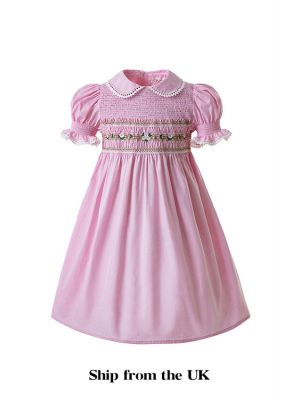 (UK Only) Pink Party Girls Doll Collar Handmade Embroidered Smocked Dresses                                                       