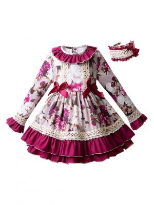 (Only 10Y)Flower Printed Girl Red Dress With Headwear