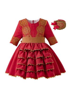 Girl Red Autumn Lace Ruffle Dresses With Headwear