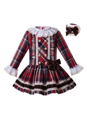 Wine Red Girls Cotton Grid Dress with Headwear Retro Style