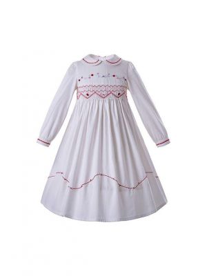 (ONLY 5Y left) White Doll Collar Embroidery Handmade Smocked Long Sleeve Girls Dress