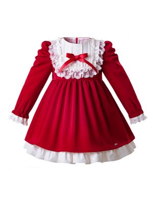 (Pre-order)Girl Dress Lace Red Long Sleeve Dress