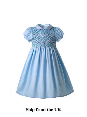 (UK Only) Blue Boutique Girls Doll Collar Handmade Embroidered Smocked Dresses