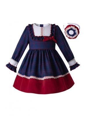 (Only 8Y)  New Long Sleeve Blue Dress+Buttom Red + Headband