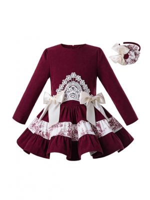 Girls Wine Red Lace Printed Dress + Headband