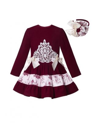 Girls Wine Red Lace Printed Dress + Headband