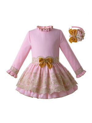 (Only 3Y 5Y)Newest Baby Girl Party Dress With Pink Headband Long Sleeve Lace Dress