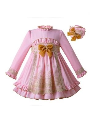 Pink Girl Dress Lace Party Long Sleeves  Dress With Headwear