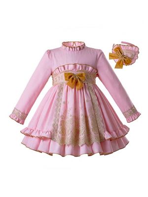 Pink Girl Dress Lace Party Long Sleeves With Headwear Dress