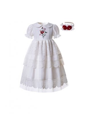 (ONLY 4Y) White Embroidery Doll Collar Communion Solid Party Layers Girl Long Dress With Headband 