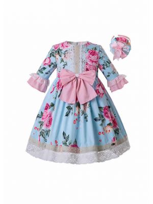 Birthday Boutique Kids Blue Flower lace Printed Bows Girl Dress With Headband