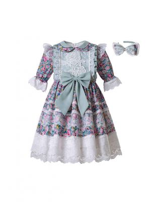 Wedding Party Flower Printed Rose Embroidery Lace Girl Long Dress With Headband 