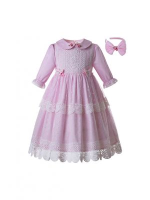 (ONLY 2Y) Wedding Party Lace Communion Pink Dot Flower Girl Long Dress With Headband