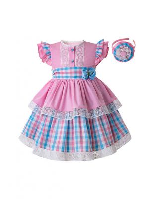 Summer Grid Heart-shaped Hollow Sleeveless Flowers & Bow Girls Dress With Headband