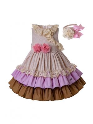 Beige Wedding Summer Pink Flower Lovely Girls Dress With Headband