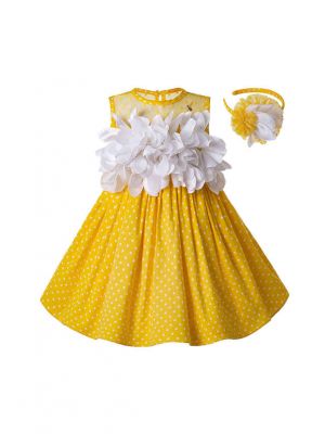 Girls Easter White Flower Yellow Cotton Dress  + Handmade Headband         