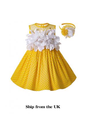 (UK ONLY)Girls White Flower Yellow Cotton Dress + Handmade Headband