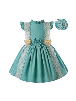 Mint Green Princess Dress With Stereoscopic Flower + Handmade Headband