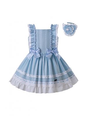Summer Girls Dress Sky Blue Princess Dresses For Girls With Bows + Handmade Headband                                                                          