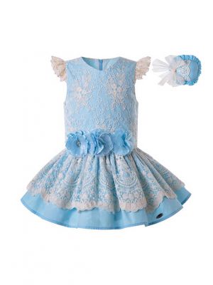 Girls Summer Blue Stereoscopic Flower Layered Lace Dress  + Handmade Headband