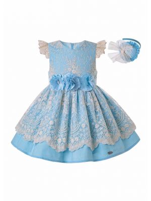 Girls Summer Dress Sky Blue Princess Dresses For Girlsss With Layered Lace + Handmade Headband