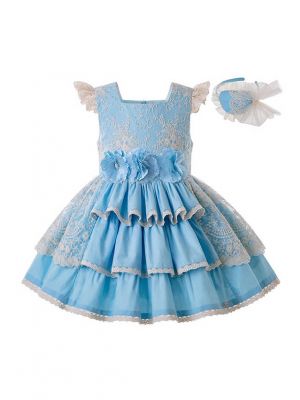 Girls Summer Blue Flower Wedding Party Dress With Layered Lace + Handmade Headband