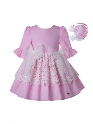 (ONLY 3Y 5Y) White Lace Pink Lovely Girlss Dress + Handmade Headband